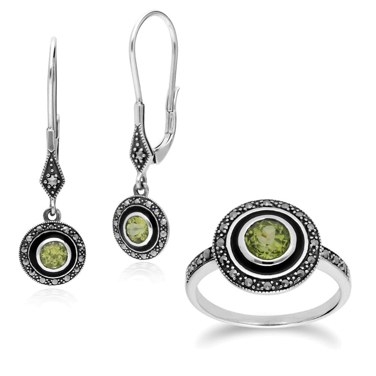 Anello e orecchini pendenti in stile Art Déco in argento 925 con peridoto rotondo, marcasite e smalto nero