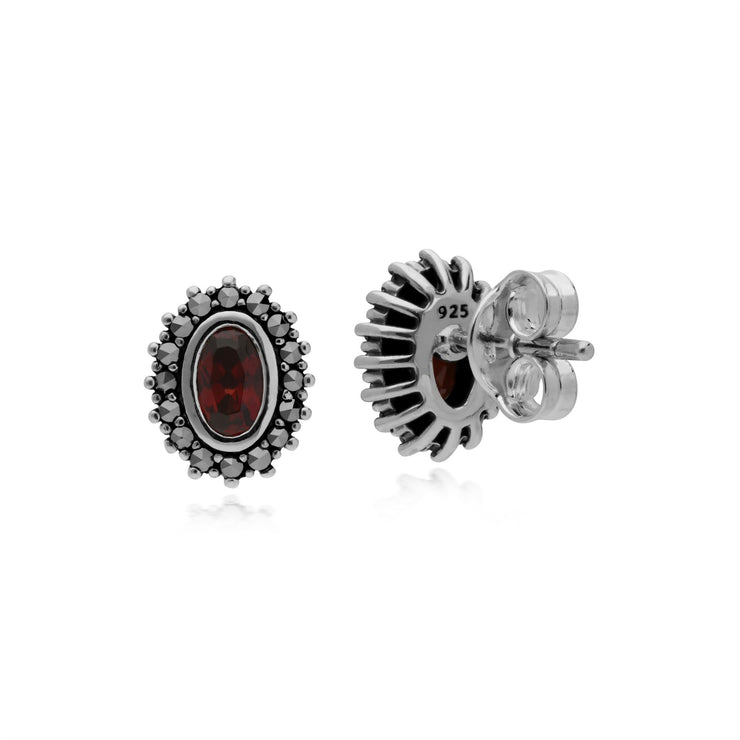 Art Déco Argento Argento 925 Grenat Ovale e Riccioli in stile Marcasite Halo