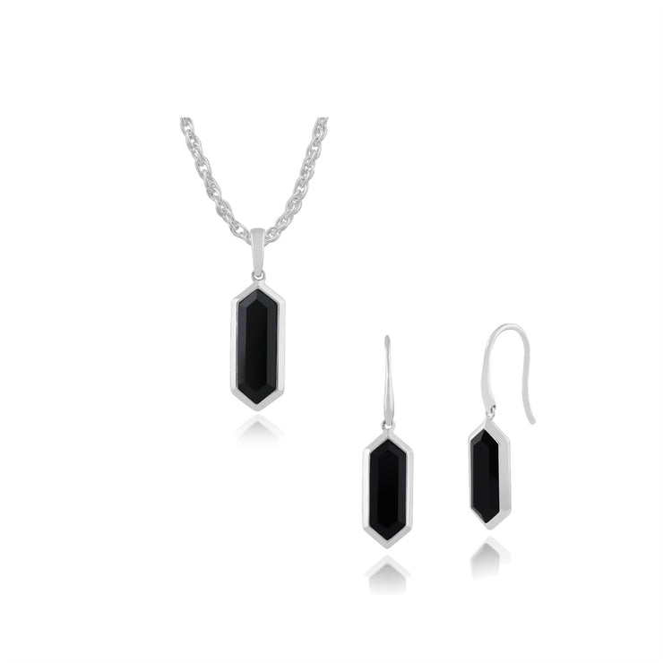 Ciondolo con prisma esagonale geometrico in onice nero geometrico in argento 925 e orecchini pendenti