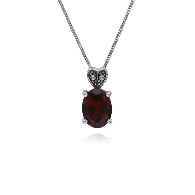 Collana con granato  e marcasite, in argento sterling ovale 45 cm