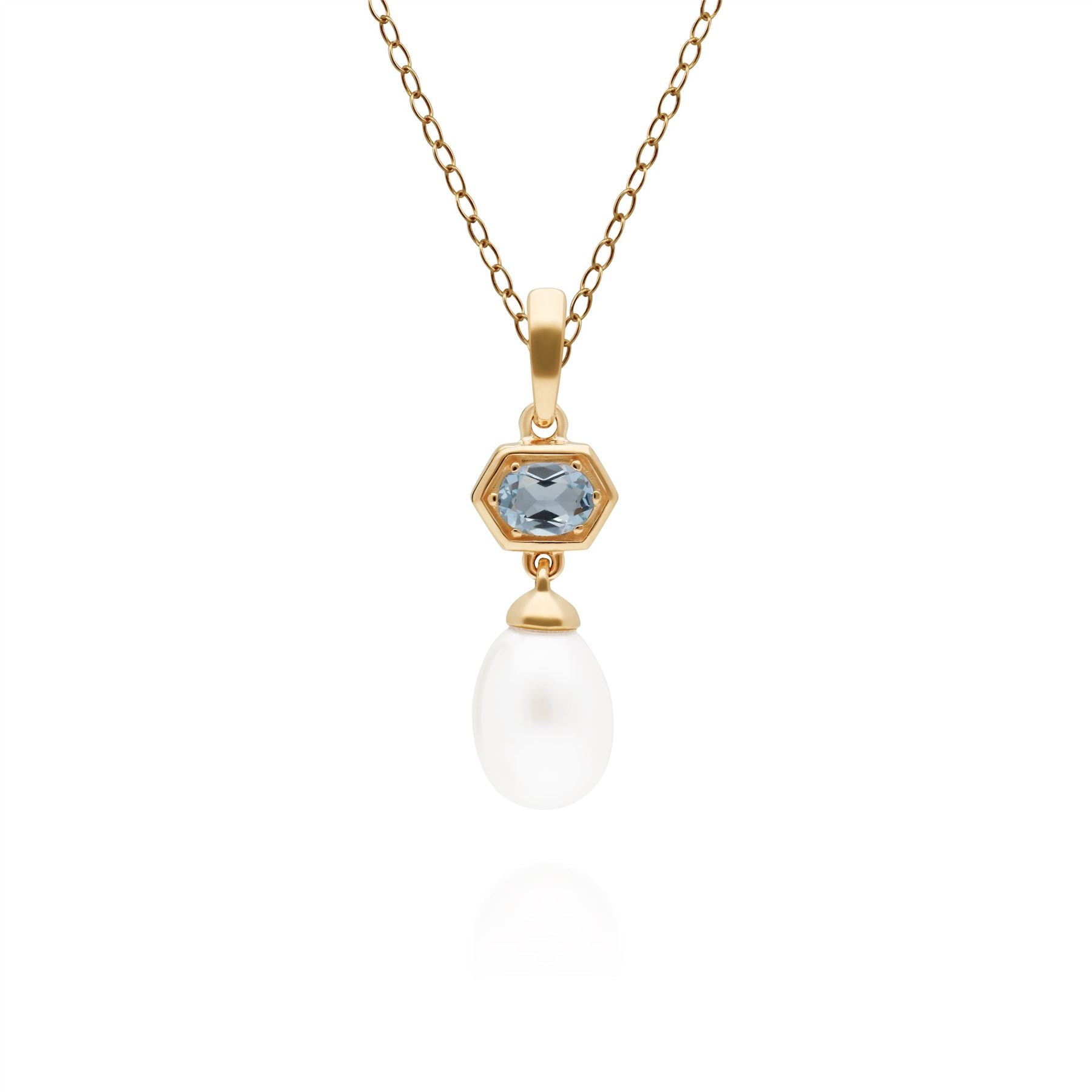 Ciondolo con catena a goccia esagono moderno con perla e topazio azzurro in argento sterling placcato oro