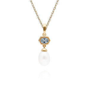 Ciondolo con catena a goccia esagono moderno con perla e topazio azzurro in argento sterling placcato oro