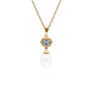 Ciondolo con catena a goccia esagono moderno con perla e topazio azzurro in argento sterling placcato oro