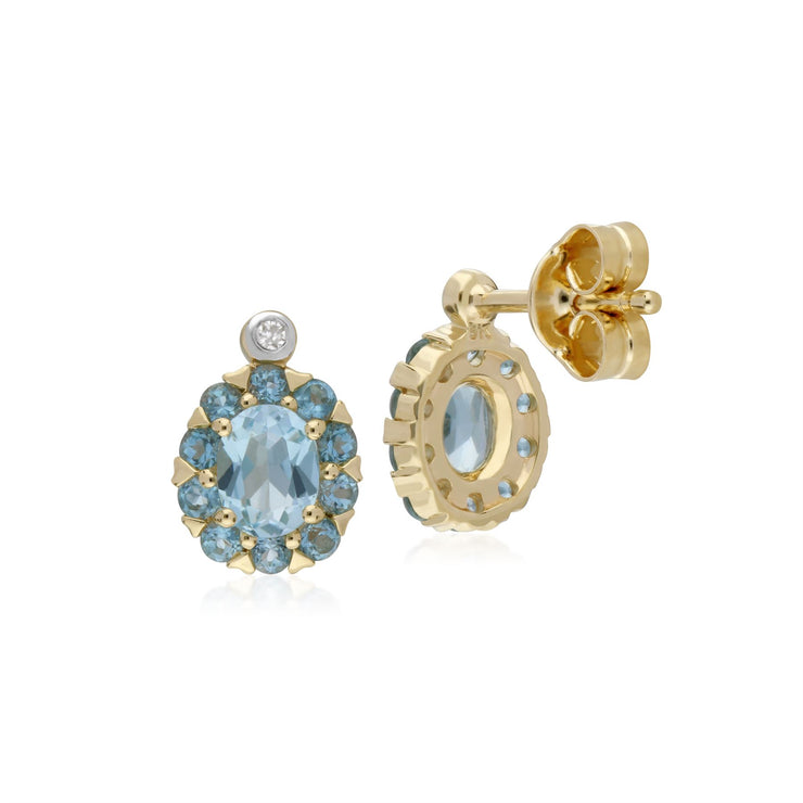 Orecchini a bottone ovali a grappolo di diamanti e topazio azzurro in oro giallo da 9 ct