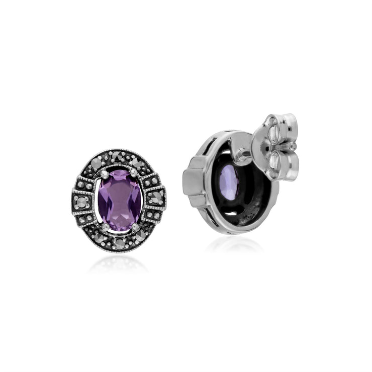 Orecchini a bottone in stile Art Déco in argento 925 con ametista ovale e marcasite