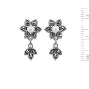 Collana e orecchini con pendente floreale in argento 925, perla rotonda e marcasite