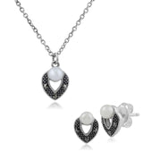Collana e orecchini in argento 925 con perle e marcasite in stile Art Déco
