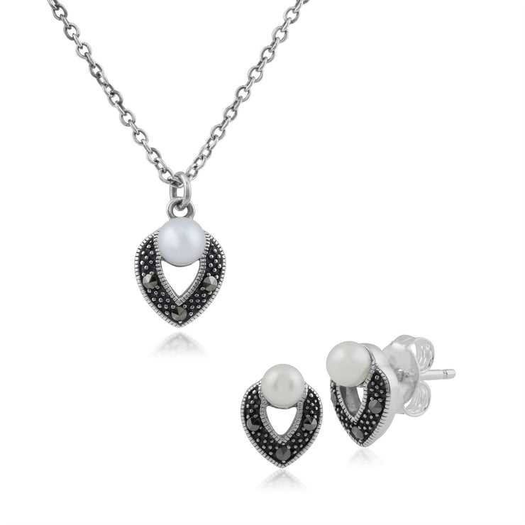 Collana e orecchini in argento 925 con perle e marcasite in stile Art Déco