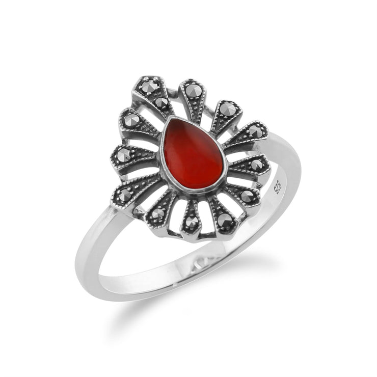 Anello Art Deco Gemondo in argento sterling 925 da 0,30 CT con corniola e marcasite
