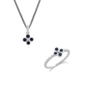 Ciondolo e orecchini in argento 925 con trifoglio floreale e zaffiro rotondo
