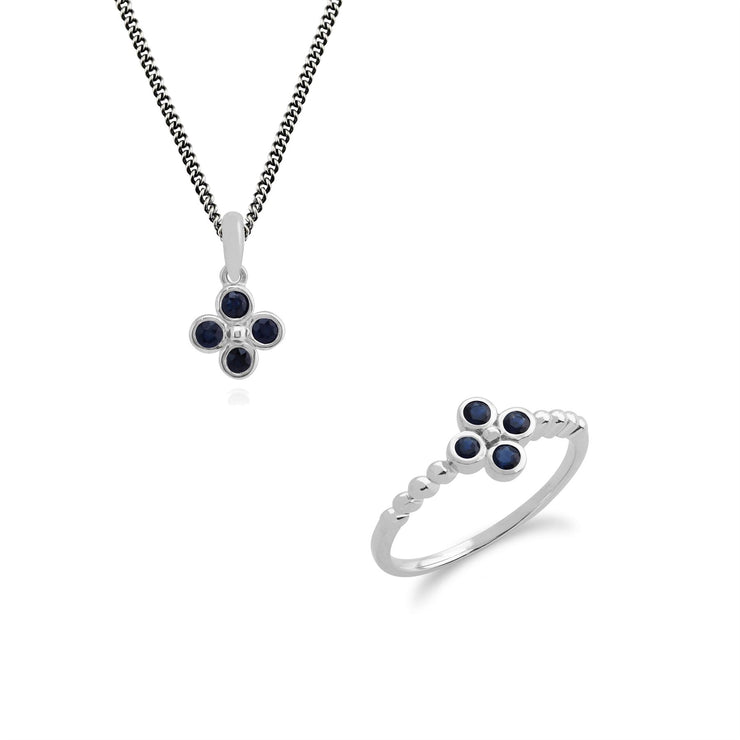 Ciondolo e orecchini in argento 925 con trifoglio floreale e zaffiro rotondo