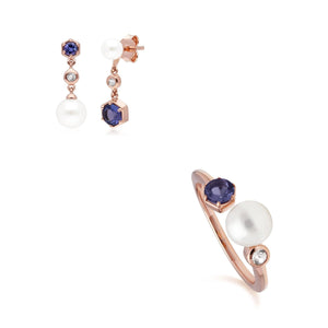 Modern Pearl, Tanzanite & Topaz Earring & Ring Set in Rose Gold Plated Sterling Silver