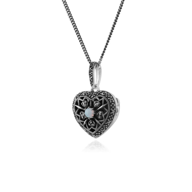 Collana cuore portafoto in stile Art Nouveau Argento 925 Opale e Marcasite