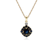 Pendente con montatura quadrata in oro giallo da 9 ct con zaffiri e diamanti su catena da 45 cm