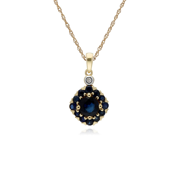 Pendente con montatura quadrata in oro giallo da 9 ct con zaffiri e diamanti su catena da 45 cm