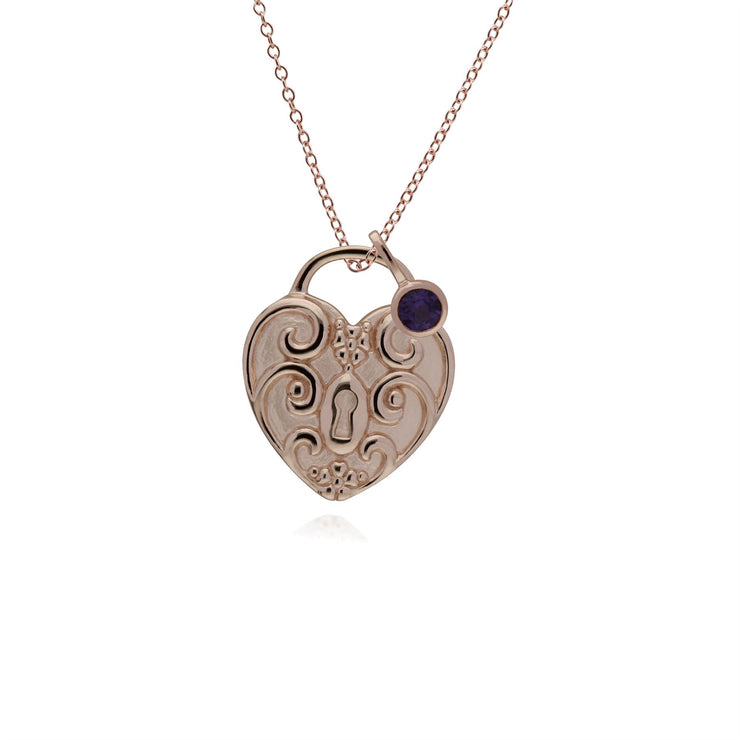 Ciondolo classico con lucchetto a cuore intrecciato in argento 925 placcato oro rosa e ciondoli in ametista