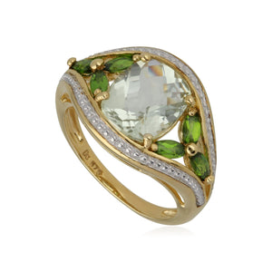 Kosmos Green Quartz & Chrome Diopside Cocktail Ring in 9ct Yellow Gold