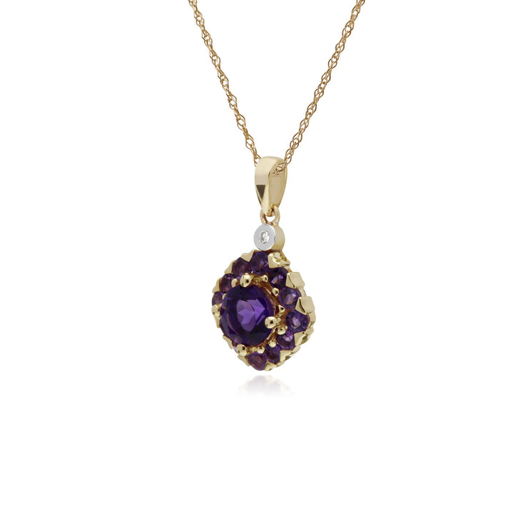 Pendente da s in oro giallo da 9 ct con ametista e diamanti quadrati su catena da 45 cm