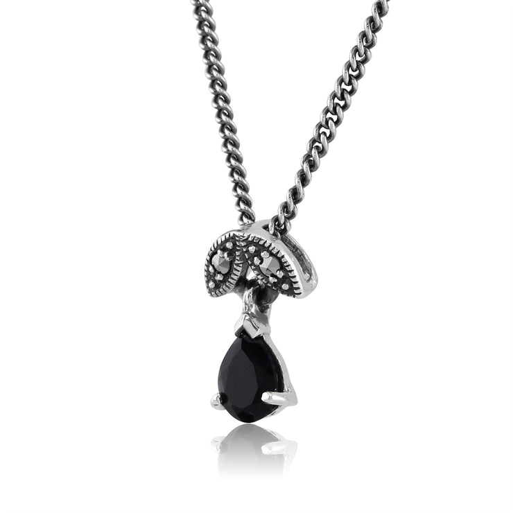 Ciondolo in stile Art Nouveau in argento 925 con zaffiro a pera e marcasite
