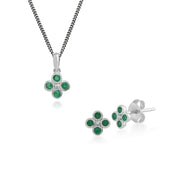 Ciondolo e orecchini a bottone con trifoglio floreale in argento 925 rotondo con smeraldo