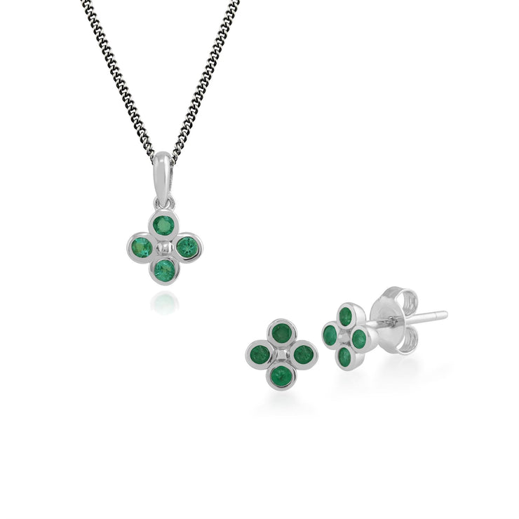 Ciondolo e orecchini a bottone con trifoglio floreale in argento 925 rotondo con smeraldo
