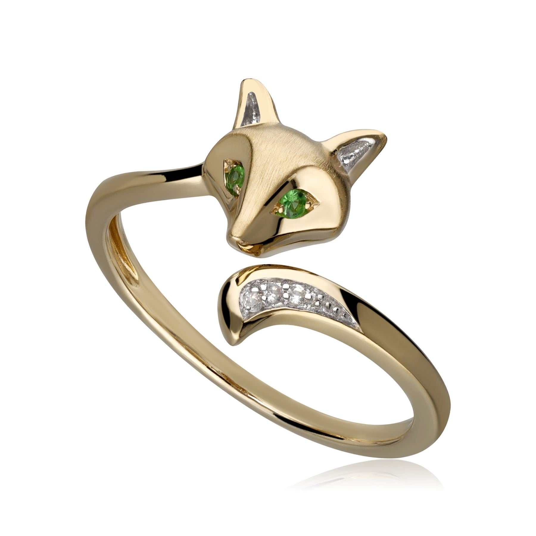 Gardenia Tsavorite & Sapphire Fox Ring in 9ct Brushed Satin Yellow Gold