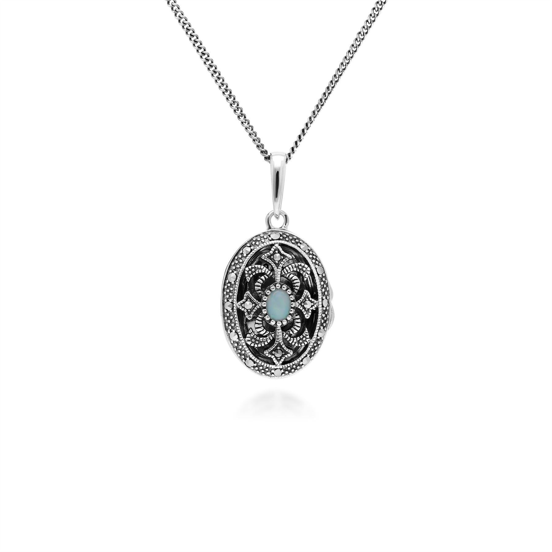 Art Nouveau Style Oval Opal & Marcasite Locket Necklace in 925 Sterling Silver