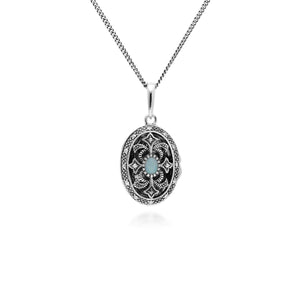 Art Nouveau Style Oval Opal & Marcasite Locket Necklace in 925 Sterling Silver