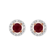Orecchini classici con rubino in oro rosa 375 e rivestimento per l'orecchio con diamanti rotondi