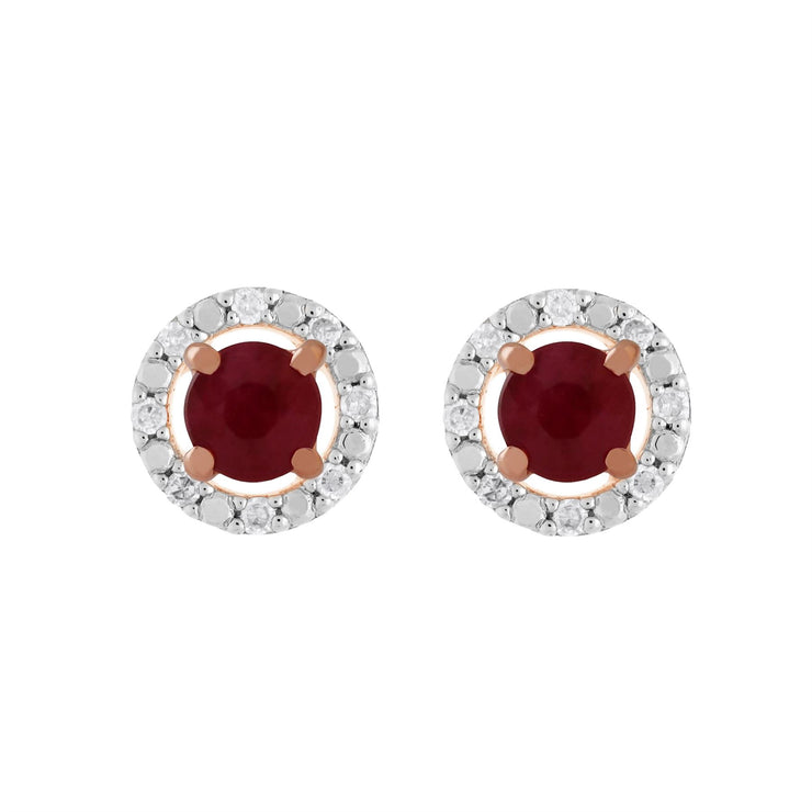 Orecchini classici con rubino in oro rosa 375 e rivestimento per l'orecchio con diamanti rotondi