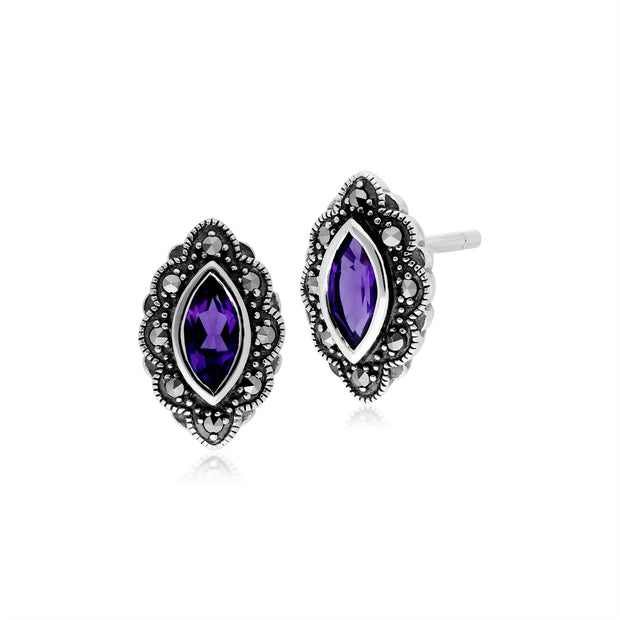 Orecchini a bottone in stile Art Nouveau in argento 925 con marchesa di ametista e marcasite