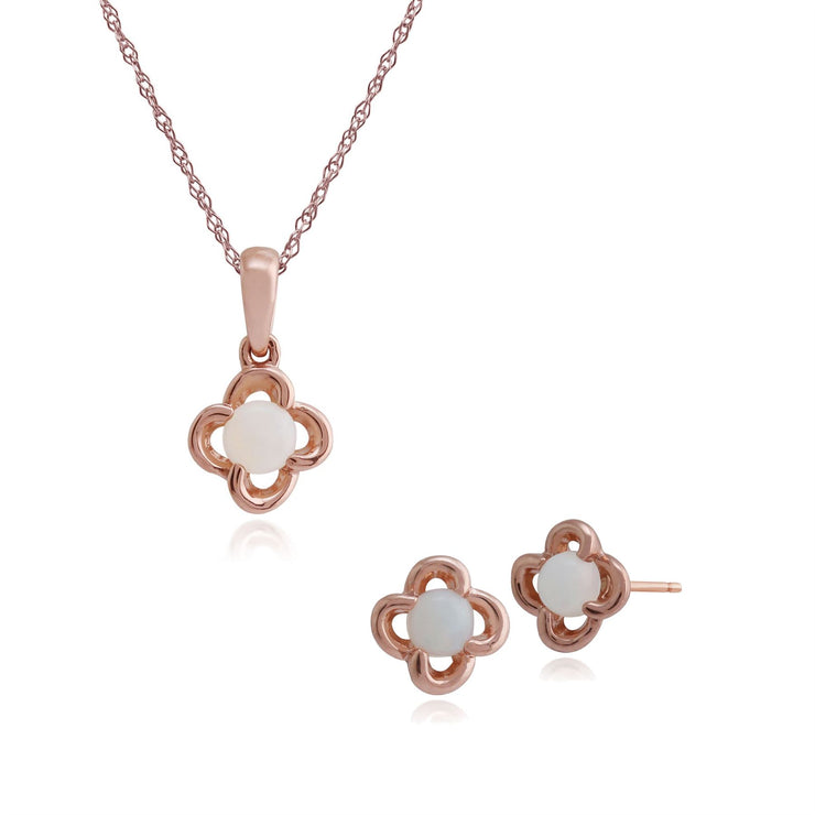Ciondolo con perno floreale e orecchini con fiore opale in oro rosa 375 con montatura chiusa