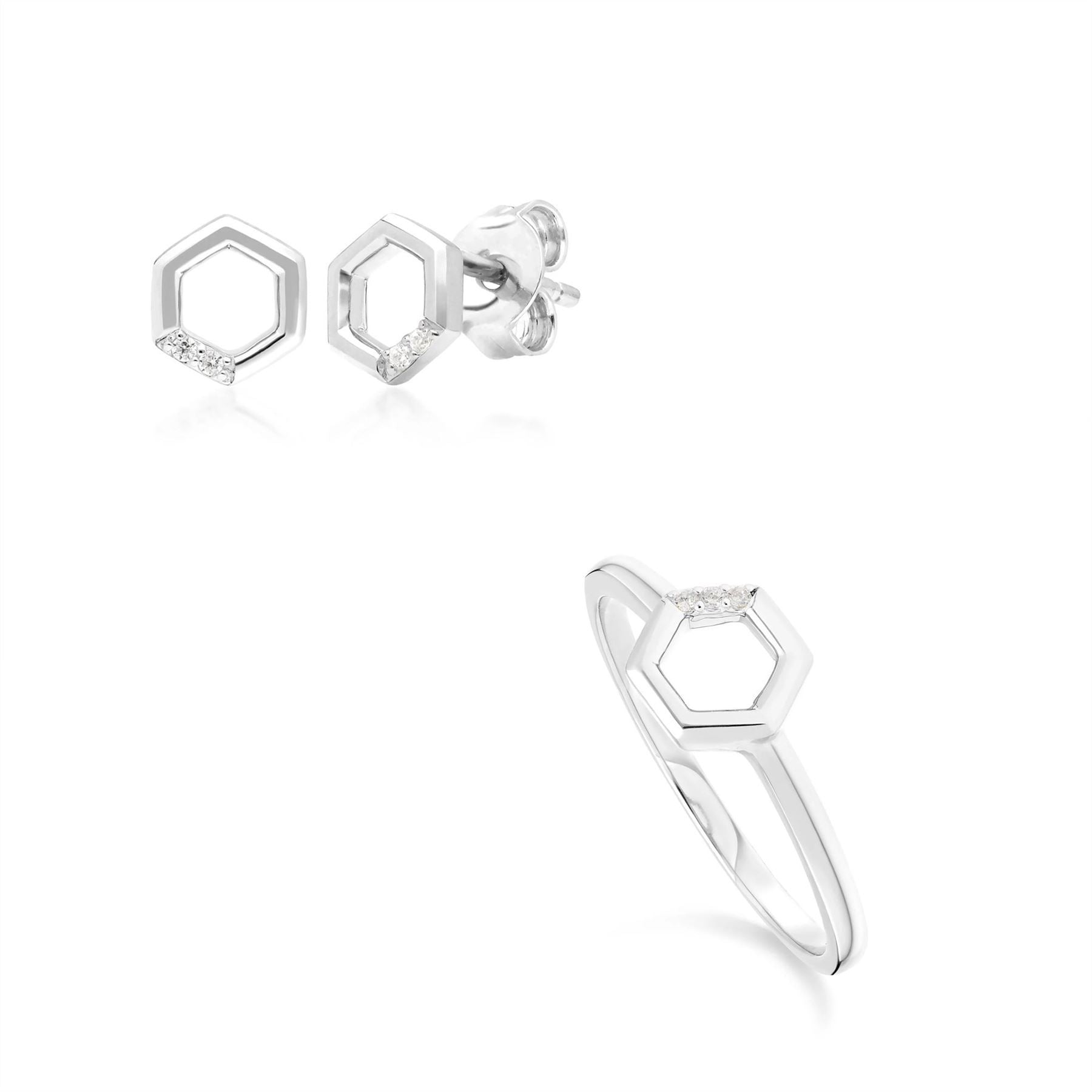 Diamond Pave Hexagon Stud Earring & Ring Set in 9ct White Gold
