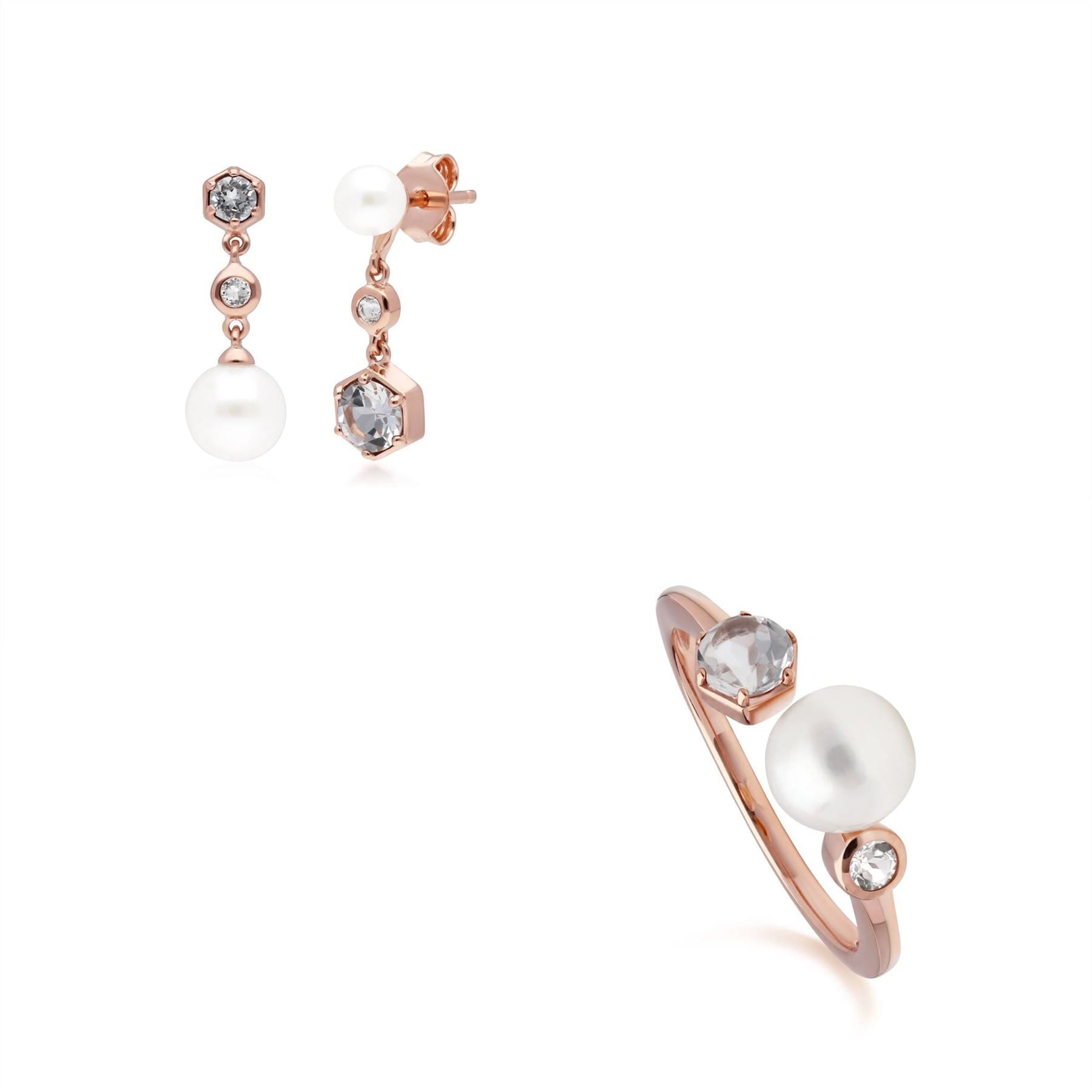 Modern Pearl & White Topaz Earring & Ring Set in Rose Gold Plated Sterling Silver
