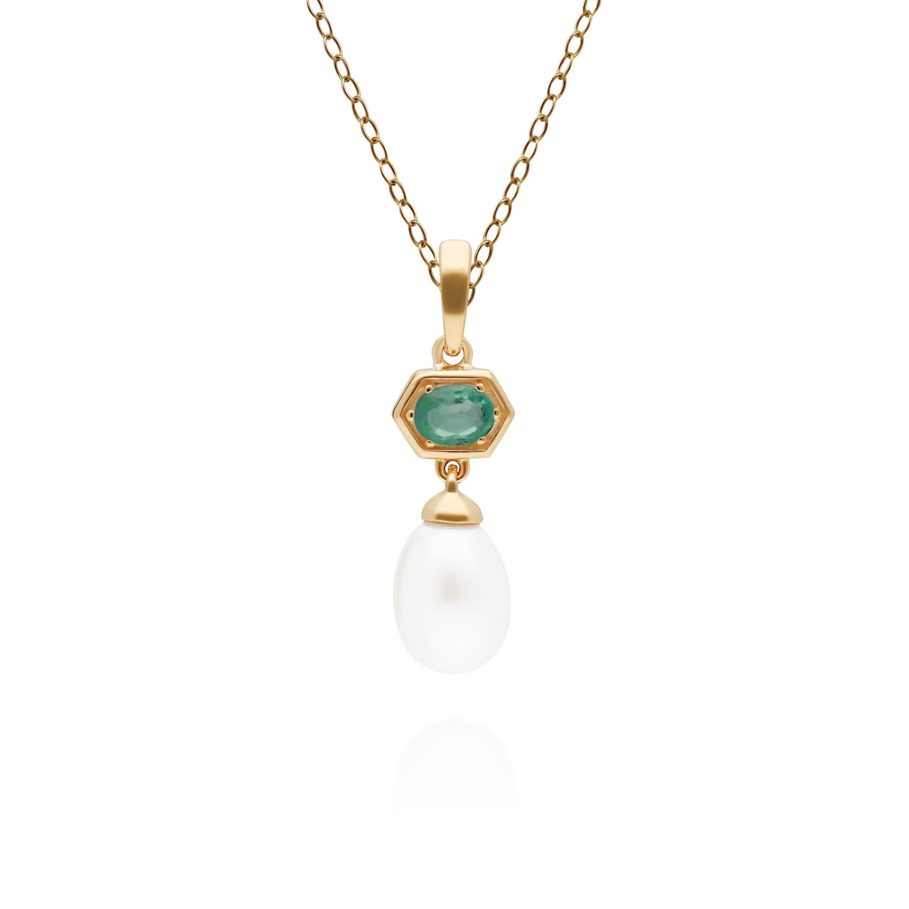 Modern Pearl & Emerald Hexagon Drop Pendant in Gold Plated Sterling Silver