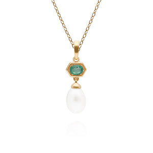 Modern Pearl & Emerald Hexagon Drop Pendant in Gold Plated Sterling Silver