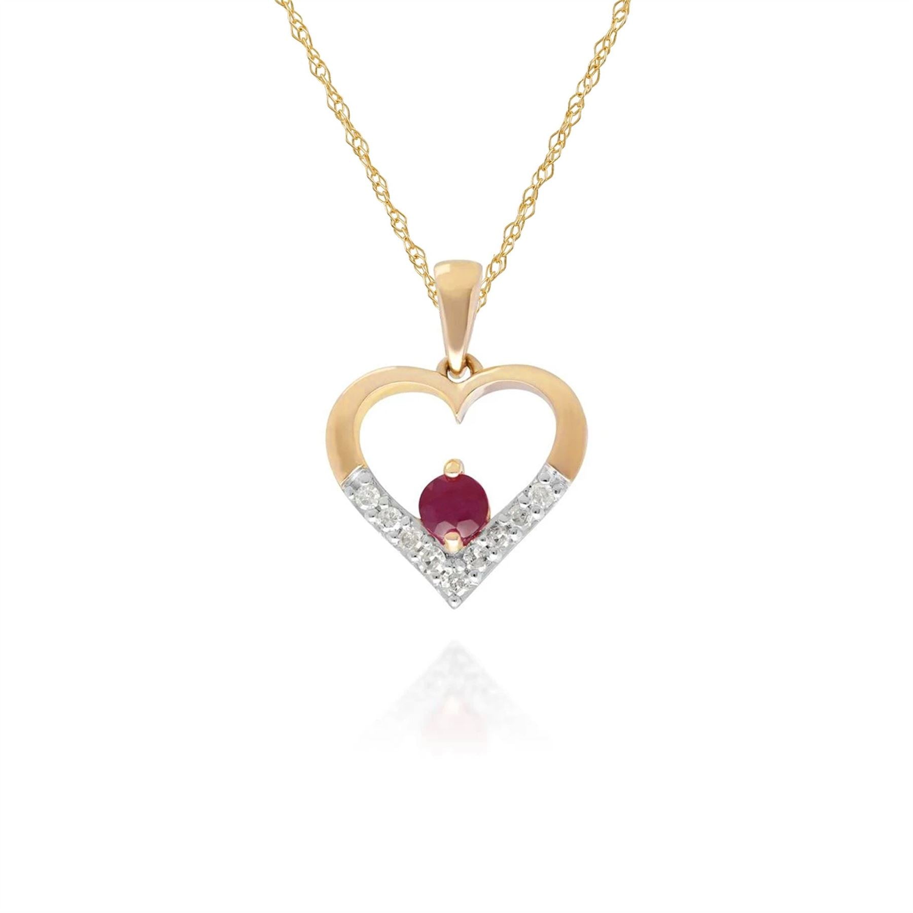 Classic Ruby & Diamond Heart Pendant in 9ct Yellow Gold