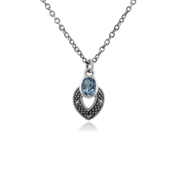 Collana in stile Art Deco Argento 925 ovale con acquamarina e marcasite