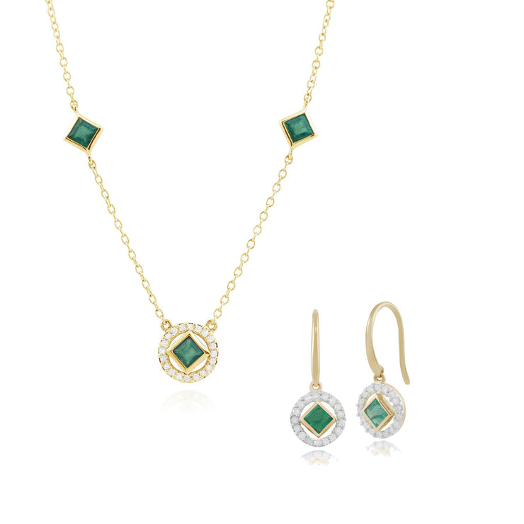 Collana e orecchini con pendente quadrato geometrico in oro giallo 375 con smeraldo e diamante