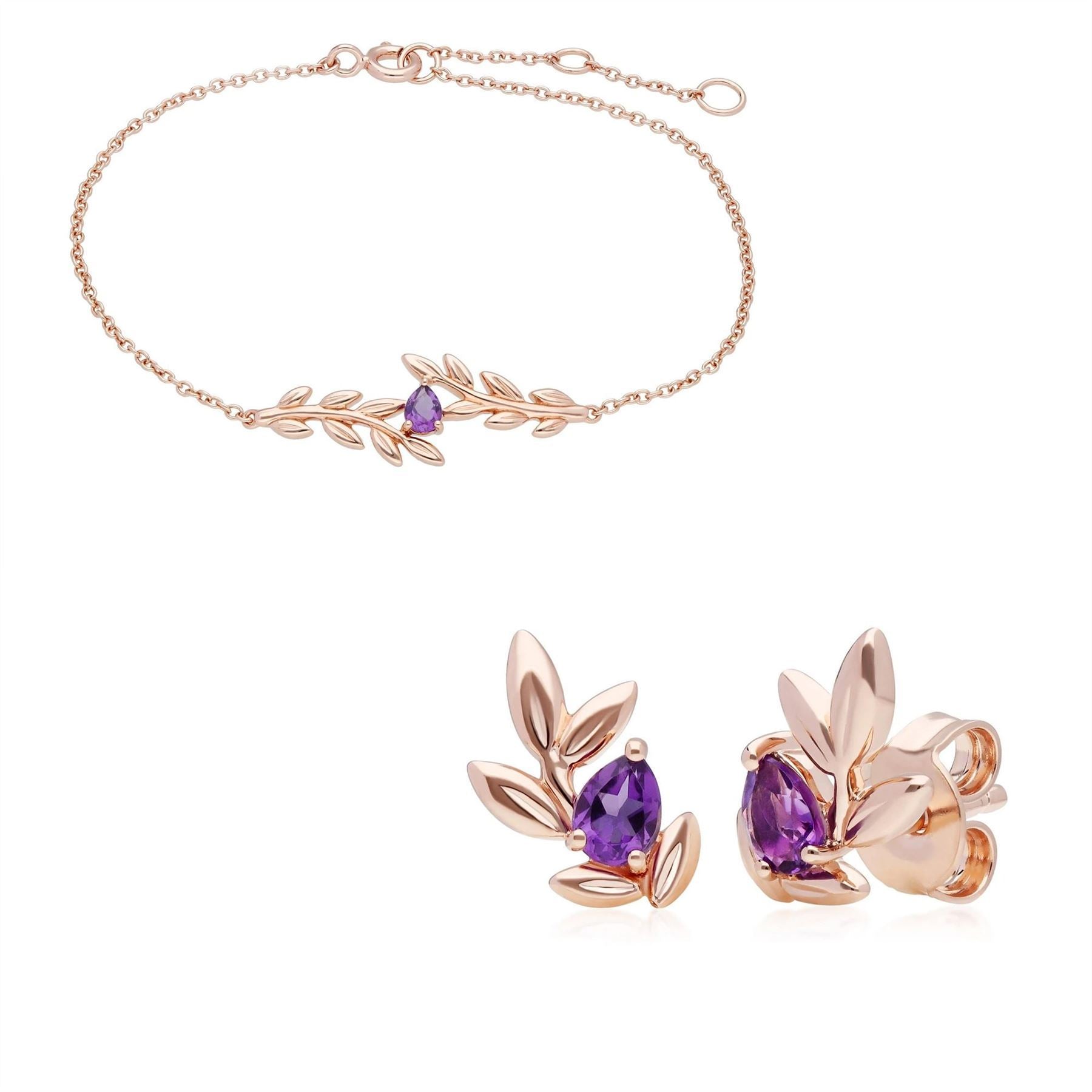 O Leaf Amethyst Bracelet & Earring Set in 9ct Rose Gold