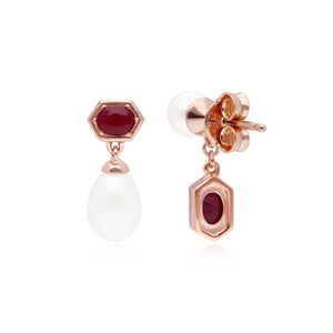 Orecchini pendenti spaiati moderni di perle e rubini in argento sterling placcato oro rosa