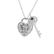 Classico ciondolo con lucchetto a cuore intrecciato in argento 925 e grandi ciondoli con chiave di ametista