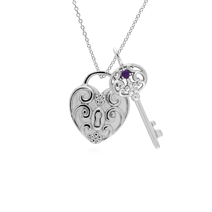 Classico ciondolo con lucchetto a cuore intrecciato in argento 925 e grandi ciondoli con chiave di ametista
