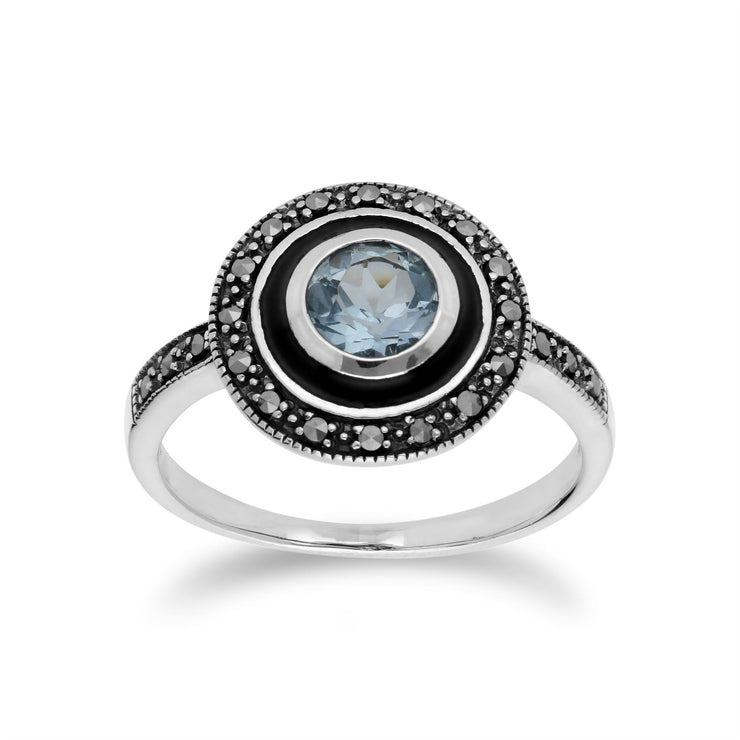 Anello Gemondo con topazio, anello in argento e topazio azzurro e marcasite con smalto nero - TOPAZIO