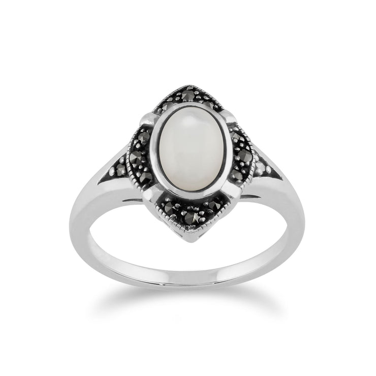 Anello Art Déco Gemondo, argento sterling 925 da 1,00 carati, madreperla e anello Art Déco con marcasite