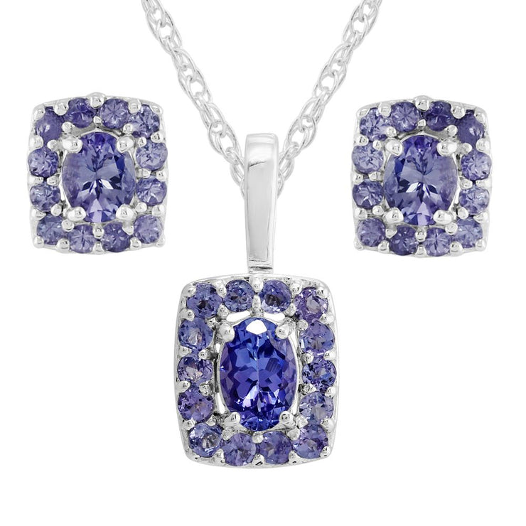 Classico pendente in stile grappolo quadrato di tanzanite in argento 925 e orecchini a bottone