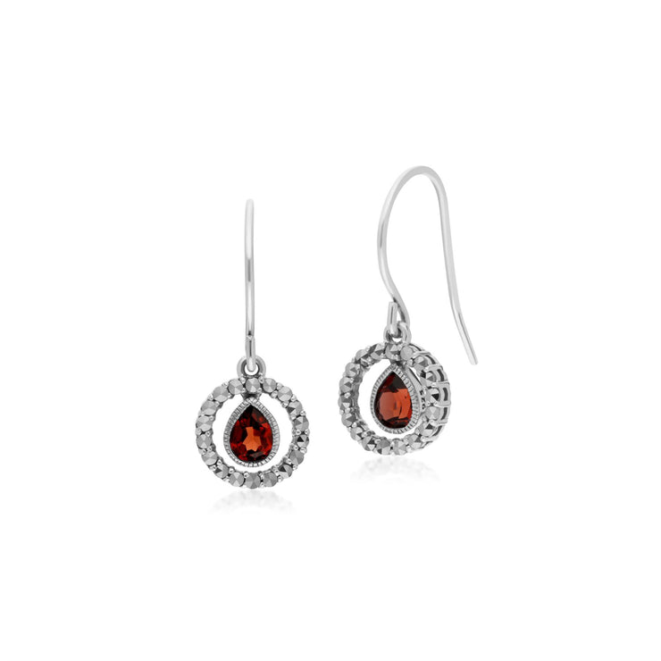 Orecchini pendenti in argento sterling con granato e marcasite rotonda