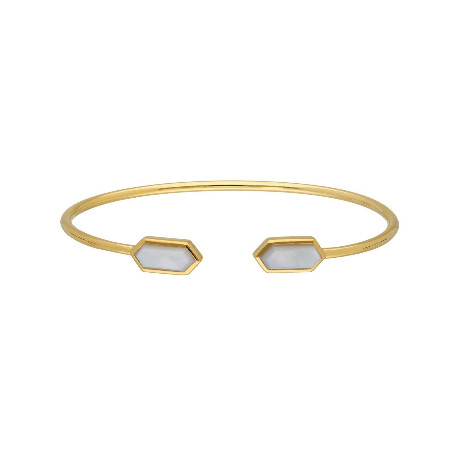 Geometric Mother of Pearl Open Bangle in Gold Plated Sterling Silver