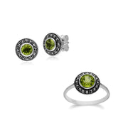 Orecchini e anello in stile Art Déco in argento 925 con peridoto e marcasite a grappolo rotondo