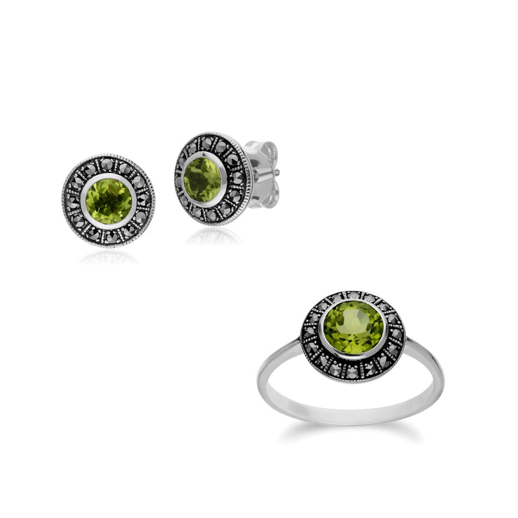 Orecchini e anello in stile Art Déco in argento 925 con peridoto e marcasite a grappolo rotondo